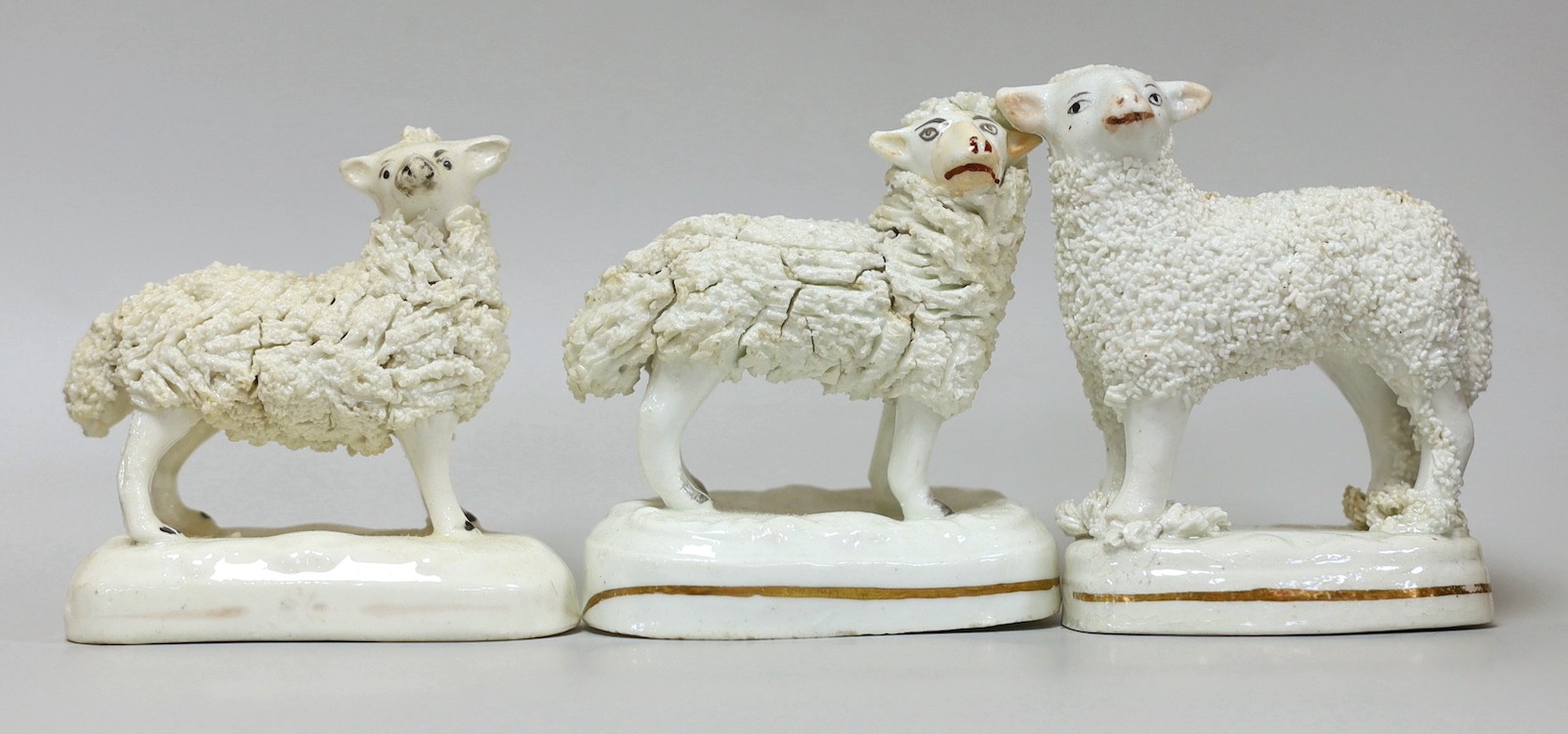 Three small Staffordshire models of standing sheep, c.1830-50, longest 7cm , Provenance: Dennis G.Rice collection